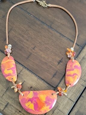 Vibrant Pink & Orange Marbled Resin Pendant Necklace